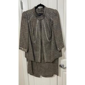 Rena Lange brown  Suit jacket blazer Skirt Size 16 -Embellished